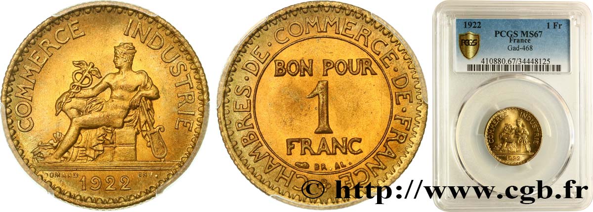 1 franc Chambres de Commerce 1922 Paris F.218/4 MS67 PCGS