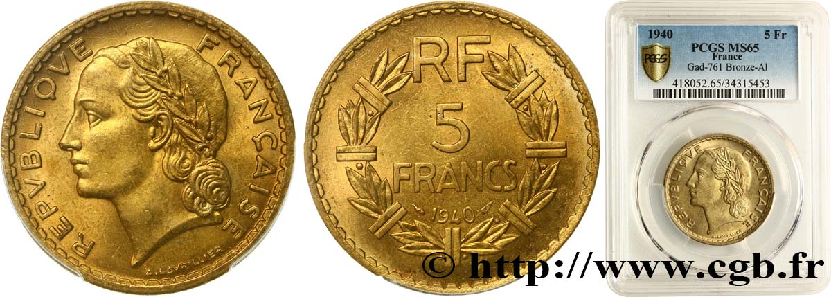 5 francs Lavrillier, bronze-aluminium 1940  F.337/4 MS65 PCGS