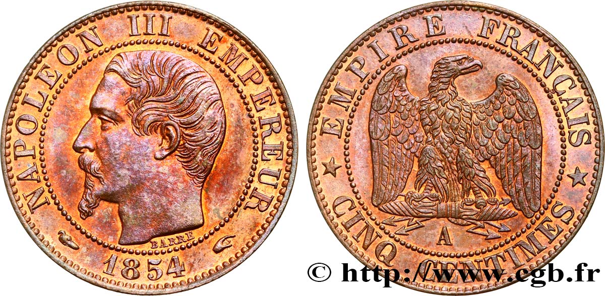 Cinq centimes Napoléon III, tête nue 1854 Paris F.116/8 fST63 