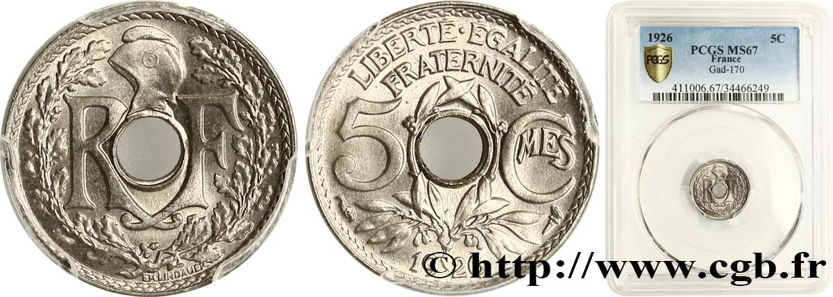 5 centimes Lindauer, petit module 1926  F.122/11 ST67 PCGS