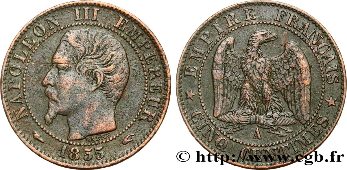 Cinq centimes Napoléon III, tête nue 1855 Paris F.116/16 TTB40 