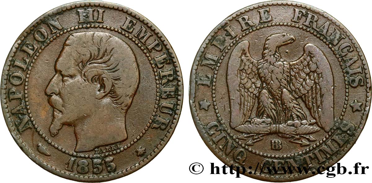 Cinq centimes Napoléon III, tête nue 1855 Strasbourg F.116/20 BC30 