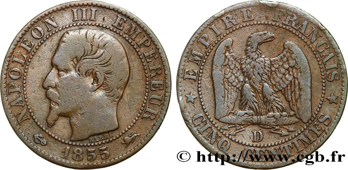 Cinq centimes Napoléon III, tête nue 1855 Lyon F.116/23 VF30 