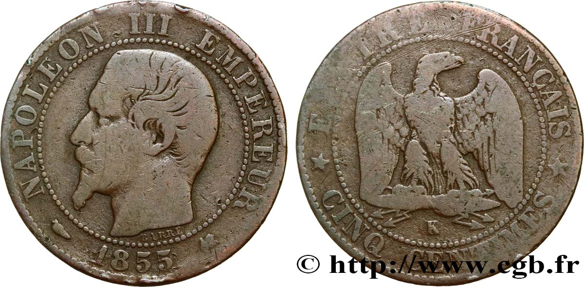 Cinq centimes Napoléon III, tête nue 1855 Bordeaux F.116/24 F15 