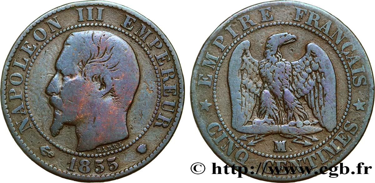 Cinq centimes Napoléon III, tête nue 1855 Marseille F.116/27 S20 