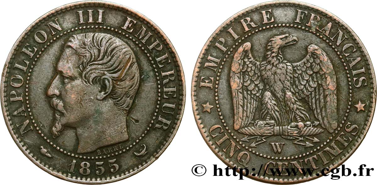 Cinq centimes Napoléon III, tête nue 1855 Lille F.116/28 TTB45 