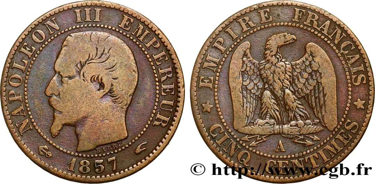 Cinq centimes Napoléon III, tête nue 1857 Paris F.116/37 TB20 