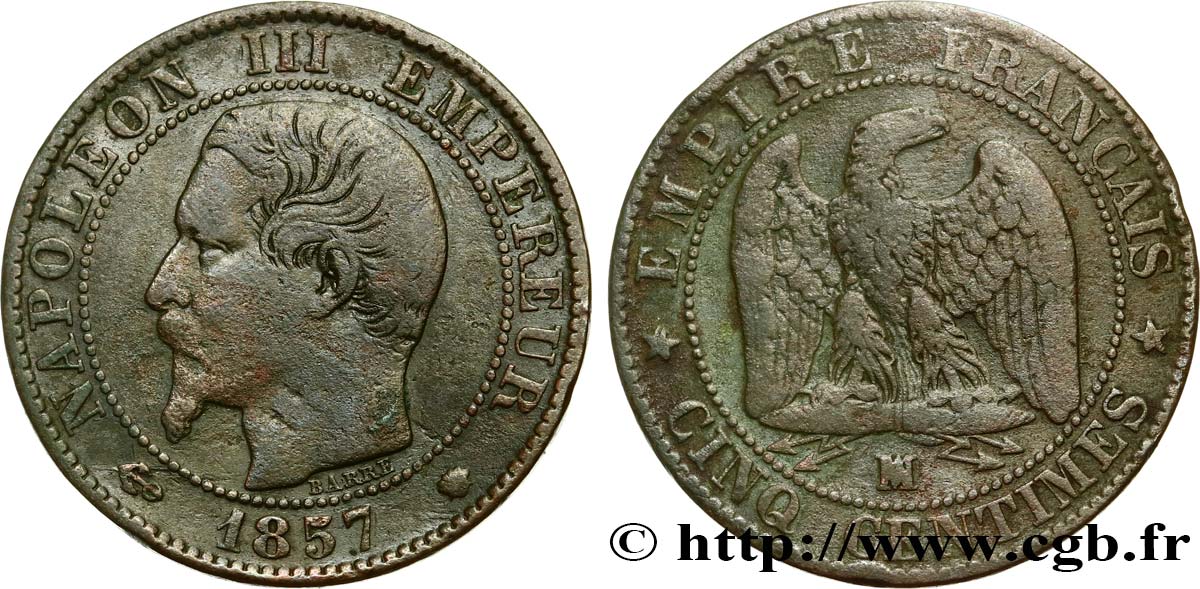 Cinq centimes Napoléon III, tête nue 1857 Marseille F.116/42 TB25 