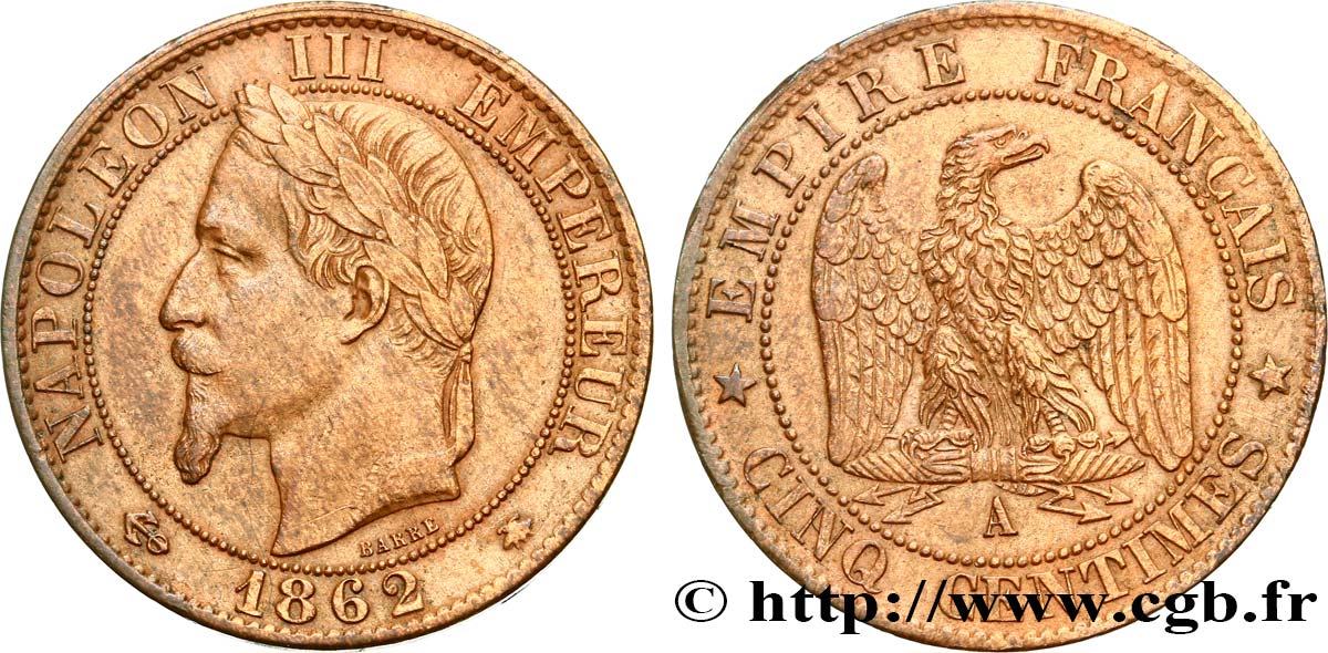 Cinq centimes Napoléon III, tête laurée 1862 Paris F.117/7 AU50 