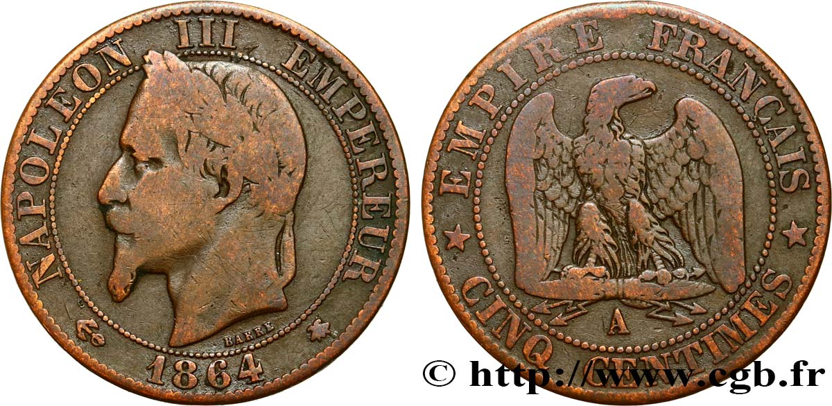 Cinq centimes Napoléon III, tête laurée 1864 Paris F.117/13 SGE12 