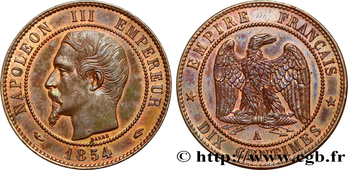 Dix centimes Napoléon III, tête nue 1854 Paris F.133/11 MS60 