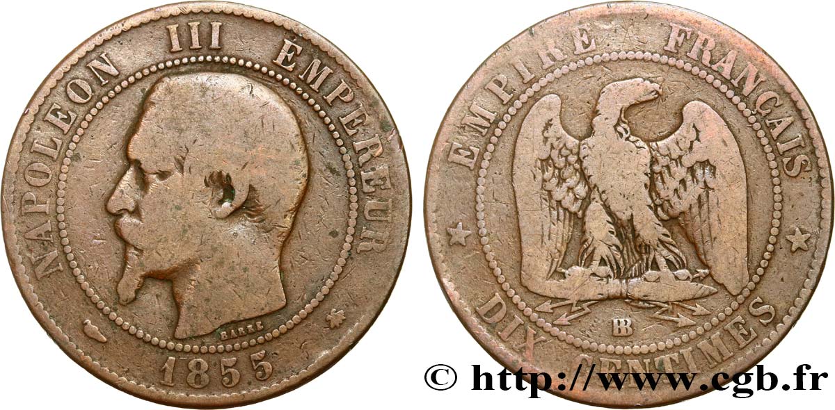 Dix centimes Napoléon III, tête nue 1855 Strasbourg F.133/23 B12 
