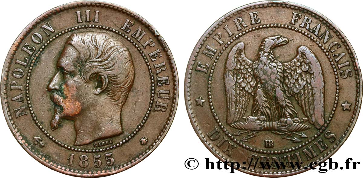 Dix centimes Napoléon III, tête nue 1855 Strasbourg F.133/24 TTB40 