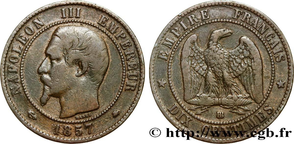 Dix centimes Napoléon III, tête nue 1857 Strasbourg F.133/43 TB25 