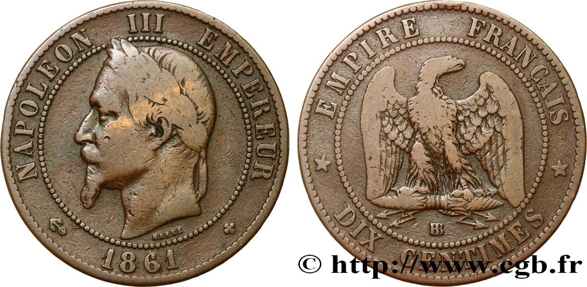 Dix centimes Napoléon III, tête laurée 1861 Strasbourg F.134/5 S15 