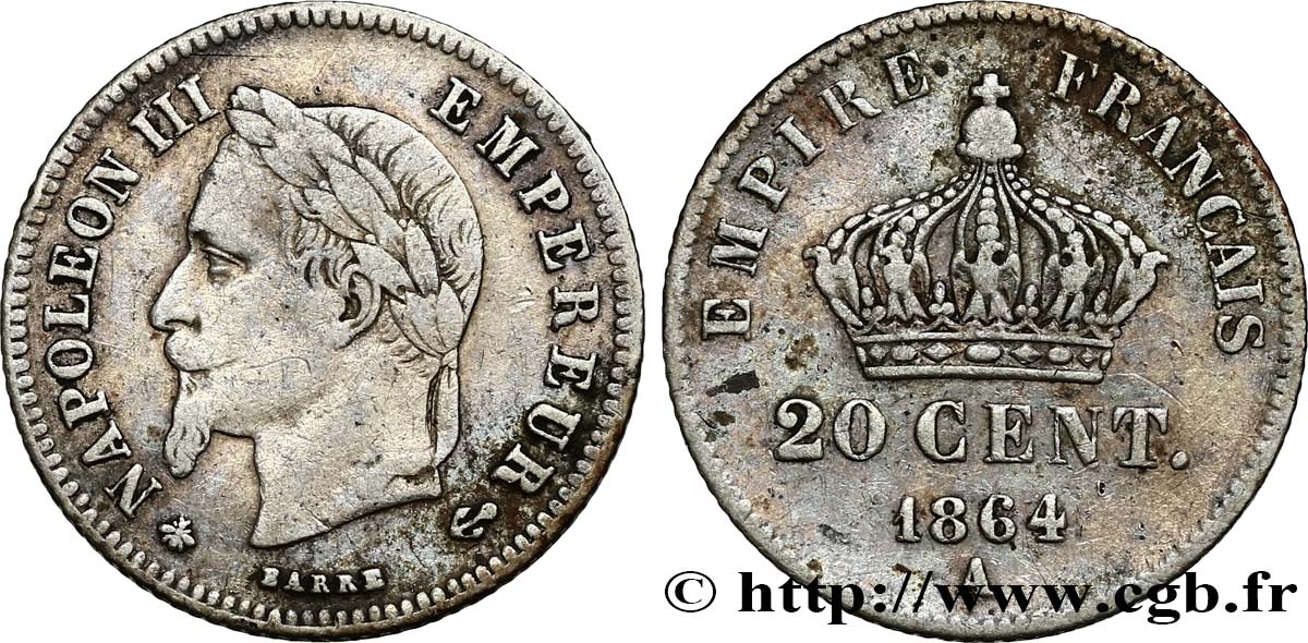 20 centimes Napoléon III, tête laurée, petit module 1864 Paris F.149/1 BC25 
