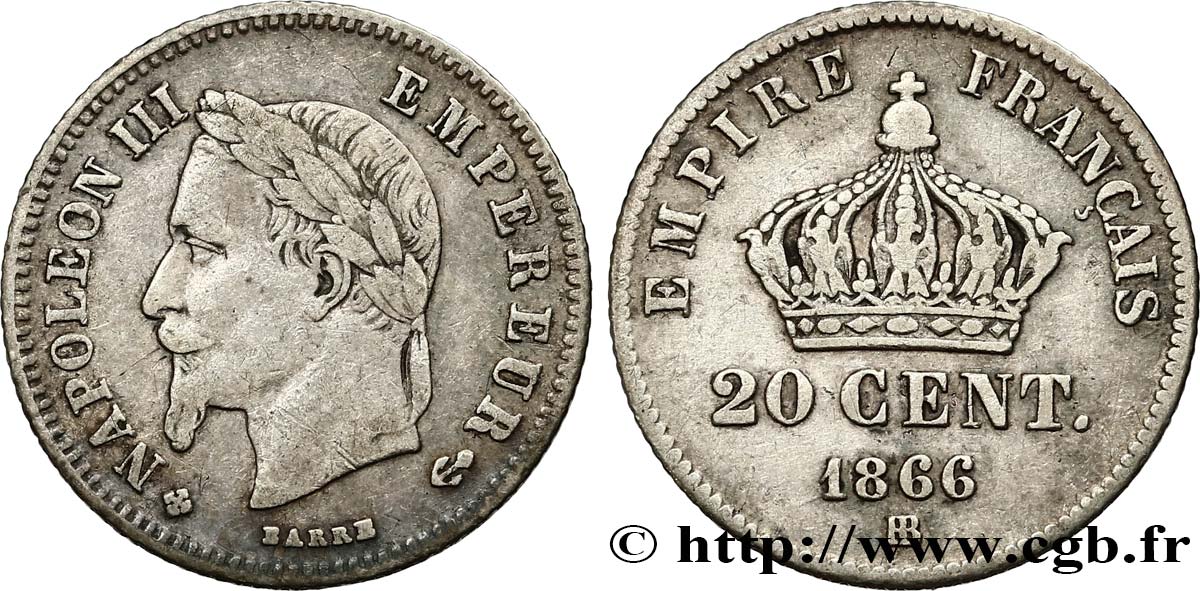 20 centimes III Napoléon tête laurée, petit module 1866 Strasbourg F.149/5 BC30 