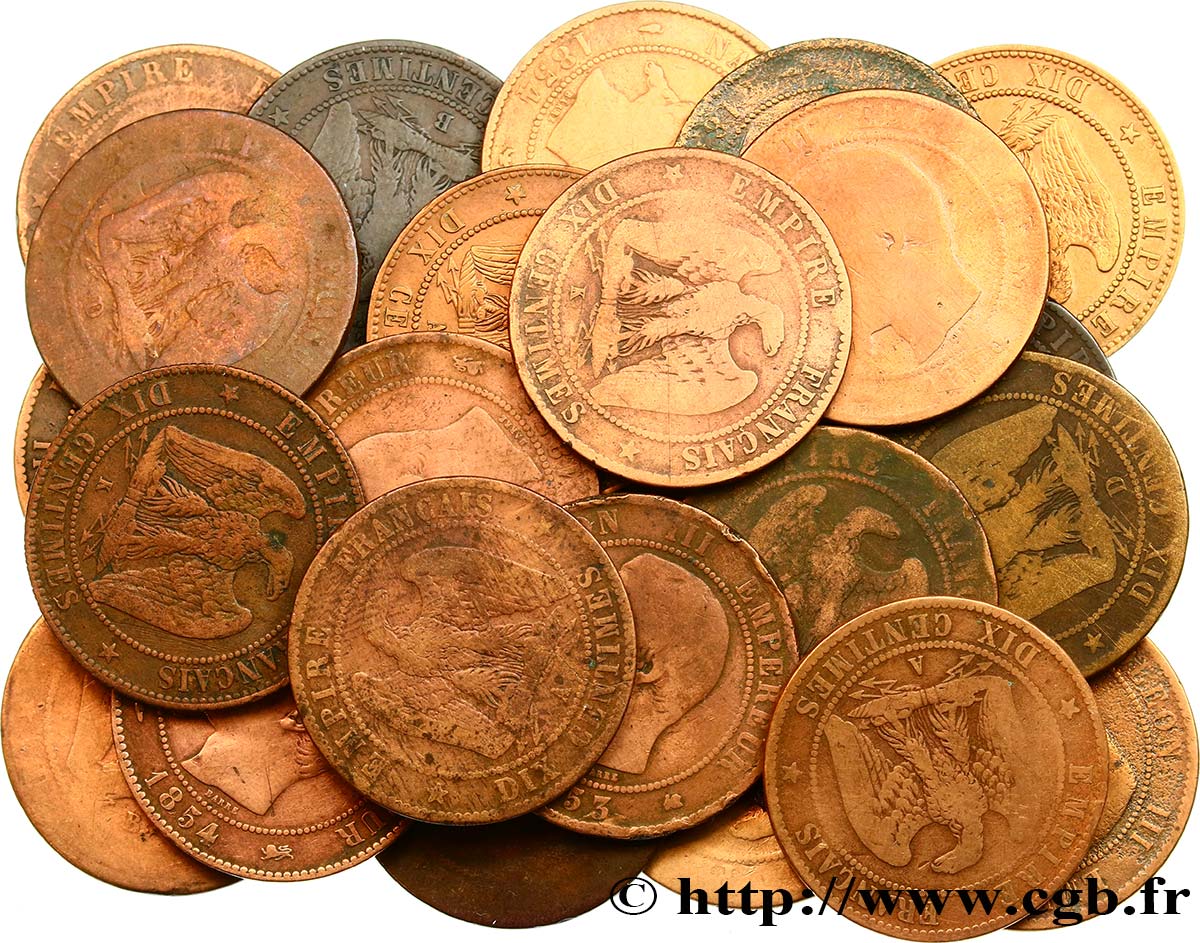 Lot de 24 pièces de Dix centimes Napoléon III, tête nue n.d. s.l. F.133/1-2-3-4 RC/MBC 