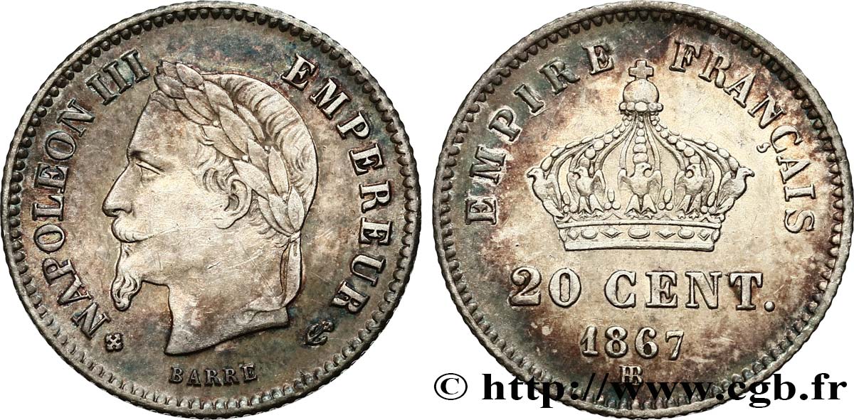 20 centimes Napoléon III, tête laurée, grand module 1867 Strasbourg F.150/2 EBC55 