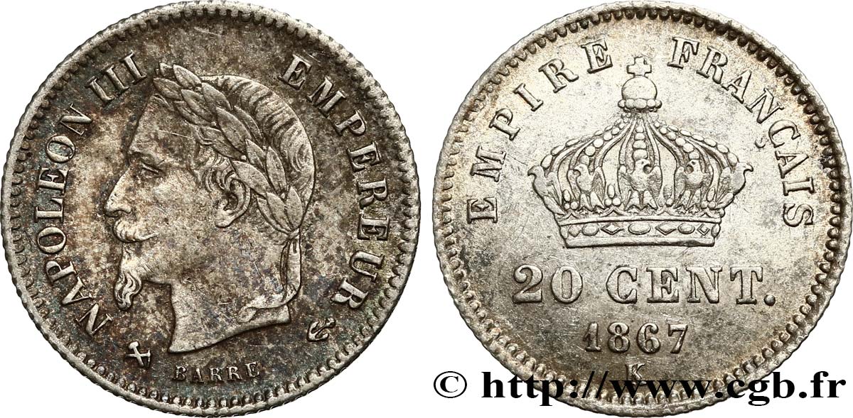 20 centimes Napoléon III, tête laurée, grand module 1867 Bordeaux F.150/3 BB48 