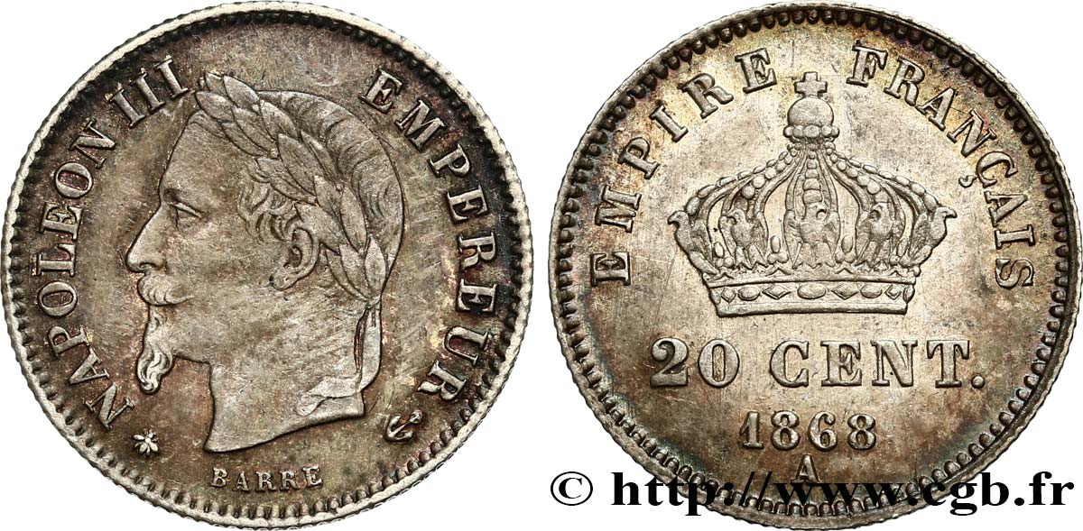 20 centimes Napoléon III, tête laurée, grand module 1868 Paris F.150/4 AU52 