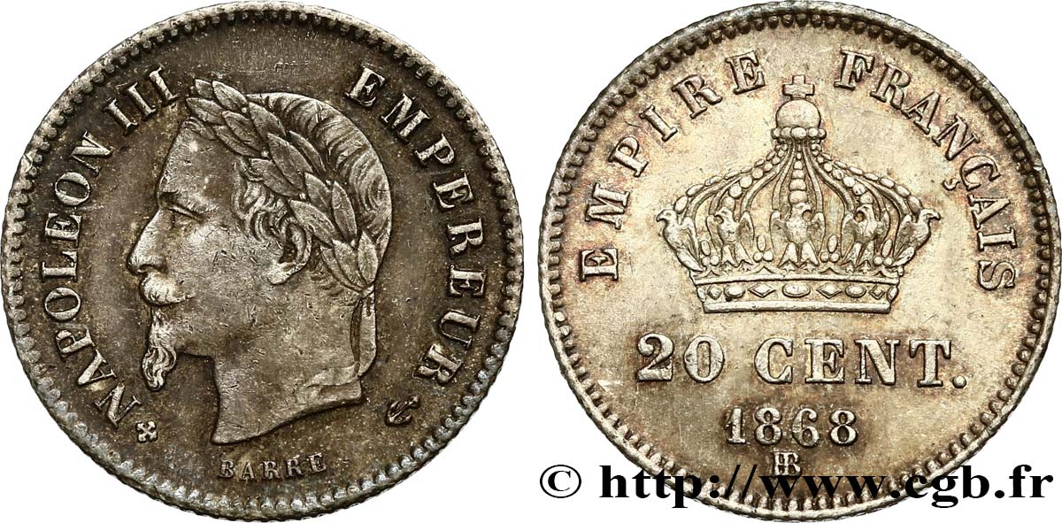 20 centimes Napoléon III, tête laurée, grand module 1868 Strasbourg F.150/5 fVZ 