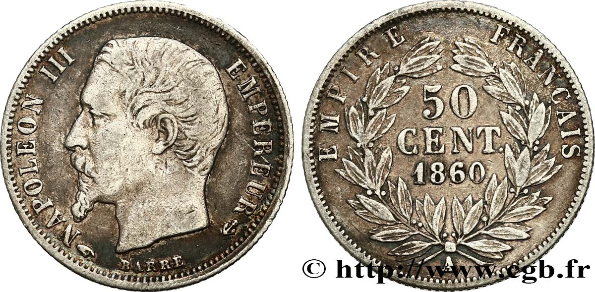 50 centimes Napoléon III, tête nue 1860 Paris F.187/13 VF35 