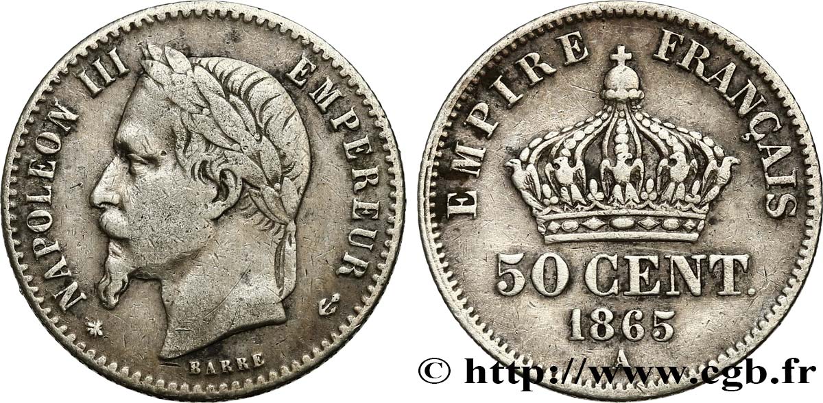 50 centimes Napoléon III, tête laurée 1865 Paris F.188/5 BB40 