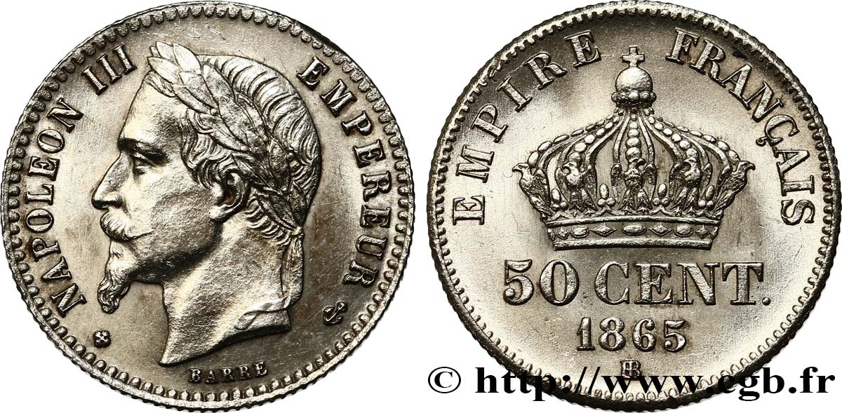 50 centimes Napoléon III, tête laurée 1865 Strasbourg F.188/7 VZ62 