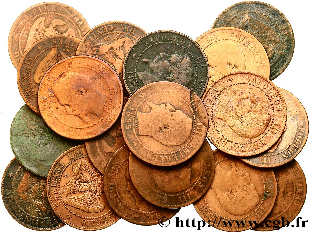 Lot de 19 pièces de Dix centimes Napoléon III, tête nue n.d. s.l. F.133/1 SGE/SS 