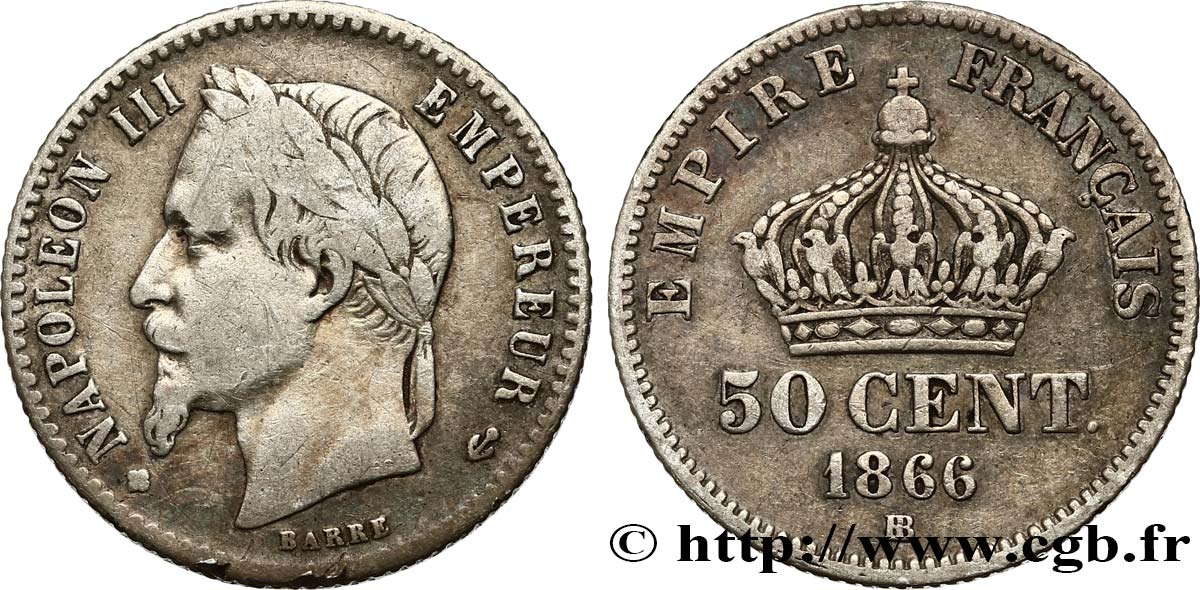 50 centimes Napoléon III, tête laurée 1866 Strasbourg F.188/10 BC35 
