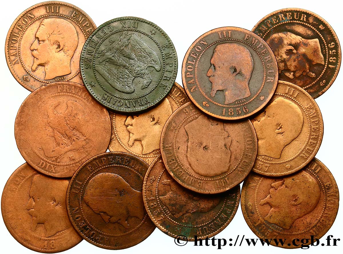 Lot de 12 pièces de Dix centimes Napoléon III, tête nue n.d. s.l. F.133/33 B/BB 