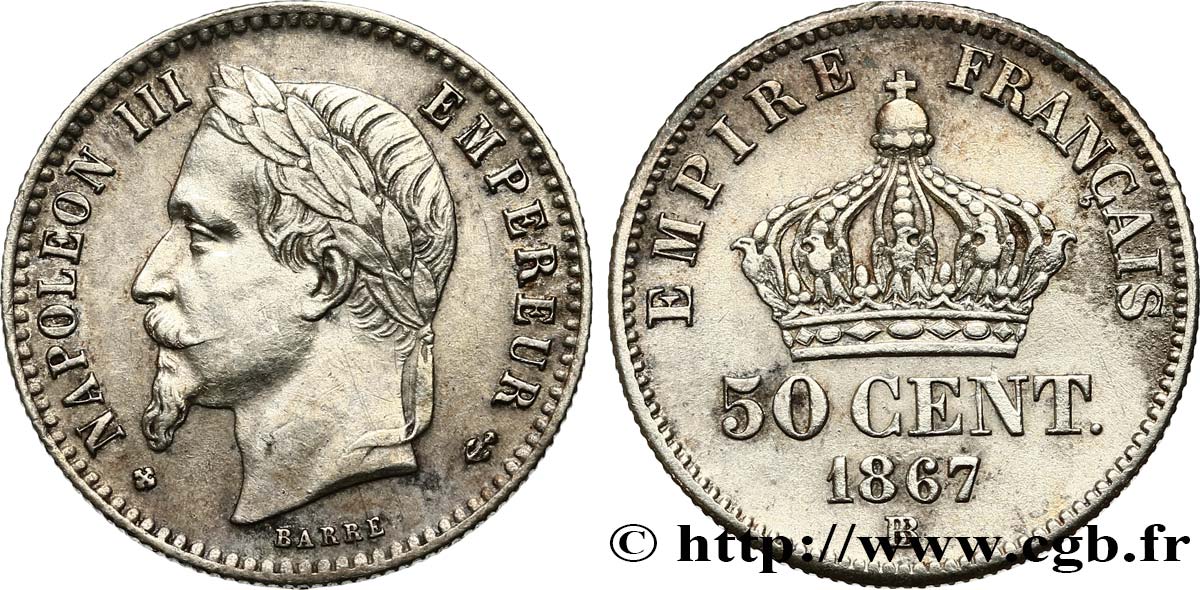 50 centimes Napoléon III, tête laurée 1867 Strasbourg F.188/16 AU50 