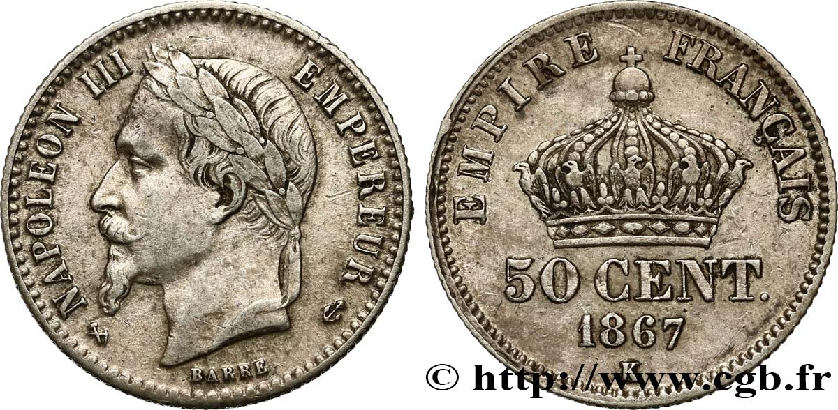 50 centimes Napoléon III, tête laurée 1867 Bordeaux F.188/18 TTB45 