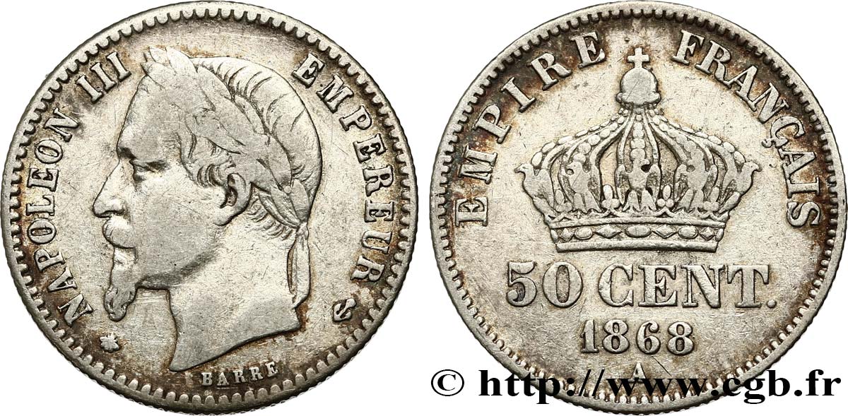 50 centimes Napoléon III, tête laurée 1868 Paris F.188/20 TB30 