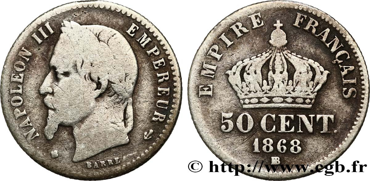 50 centimes Napoléon III, tête laurée 1868 Strasbourg F.188/22 RC12 