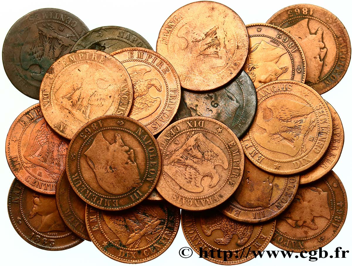 Lot de 20 pièces de Dix centimes Napoléon III, tête laurée n.d. s.l. F.134/2-2-3 VG/XF 