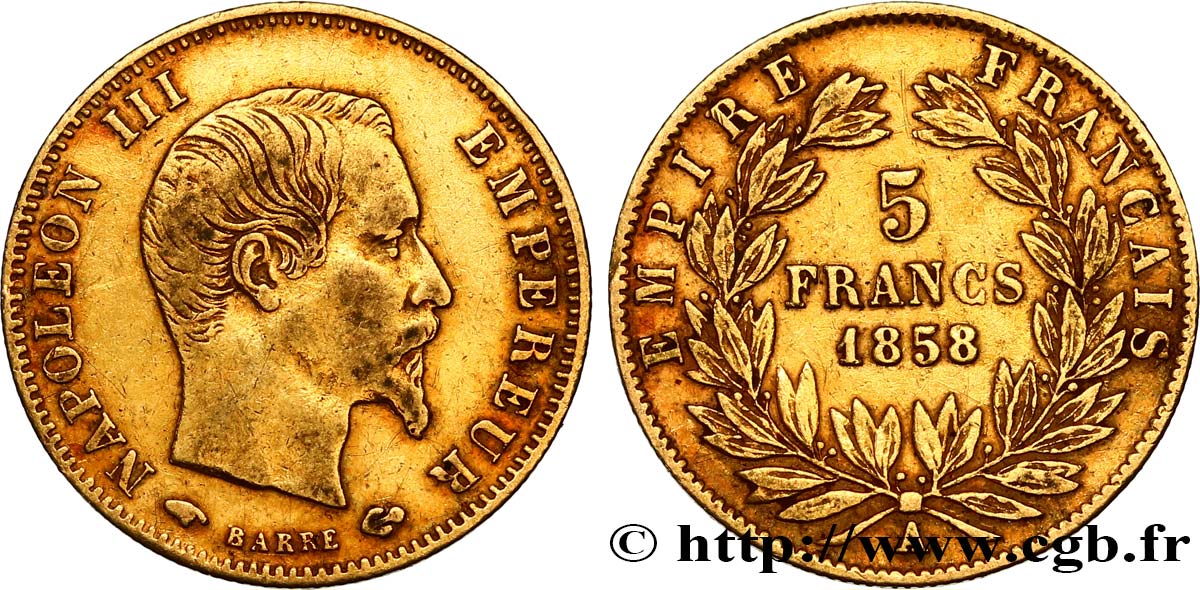 5 francs or Napoléon III, tête nue, grand module 1858 Paris F.501/5 MBC 