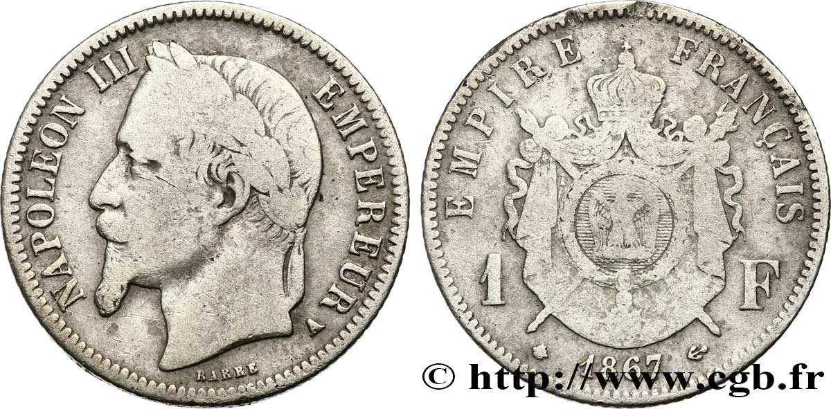 1 franc Napoléon III, tête laurée 1867 Paris F.215/6 TB15 