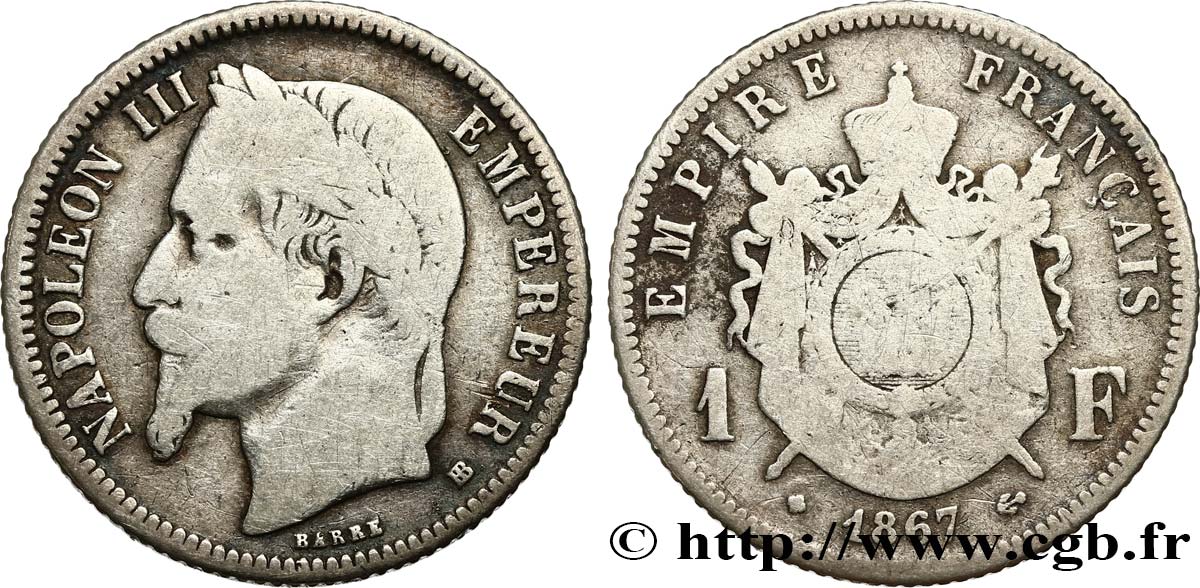 1 franc Napoléon III, tête laurée 1867 Strasbourg F.215/7 F12 
