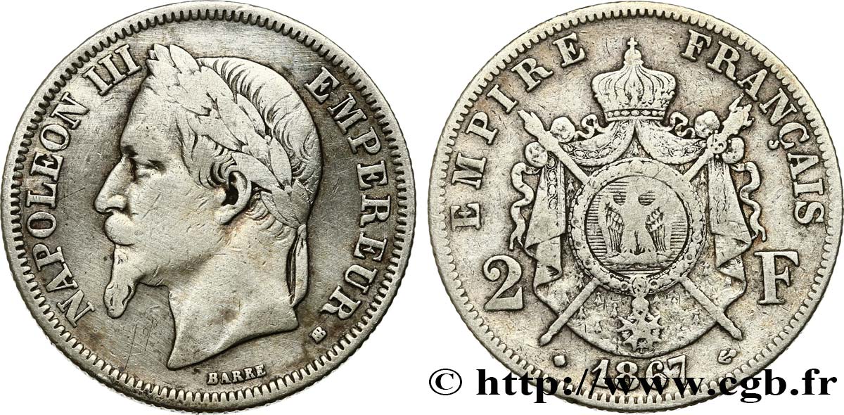 2 francs Napoléon III, tête laurée  1867 Strasbourg F.263/6 VF25 