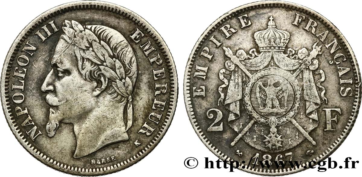 2 francs Napoléon III, tête laurée 1867 Bordeaux F.263/7 S35 