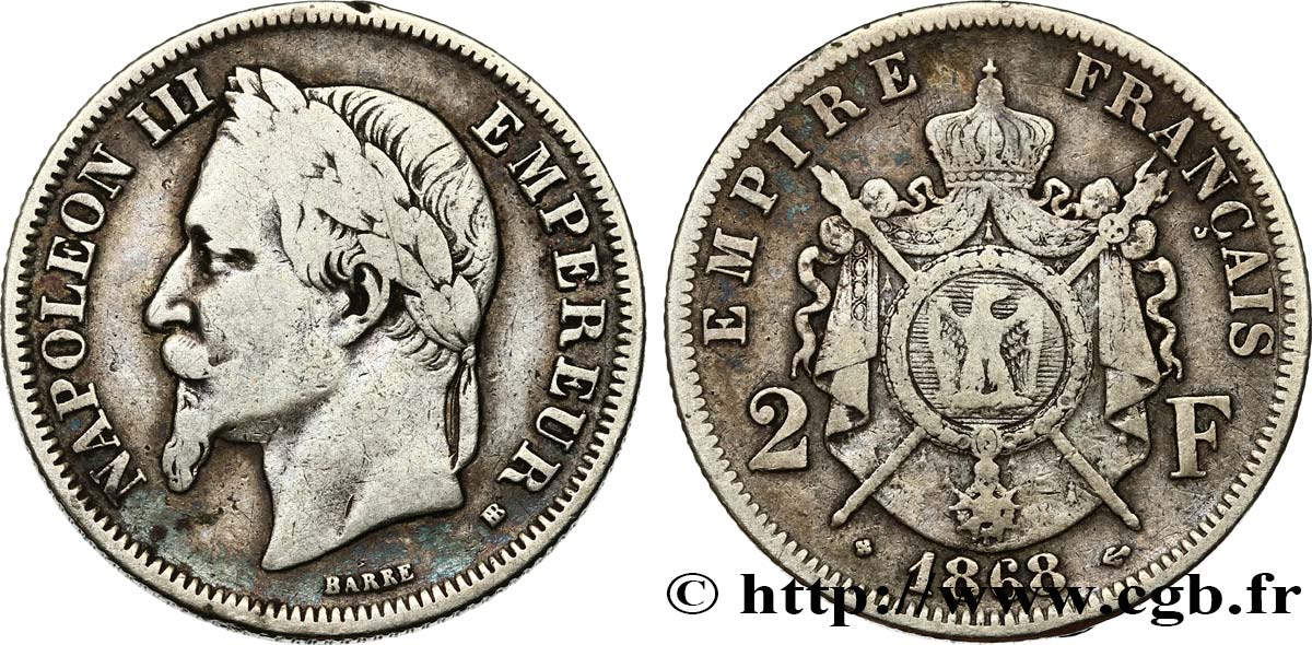 2 francs Napoléon III, tête laurée  1868 Strasbourg F.263/9 S20 