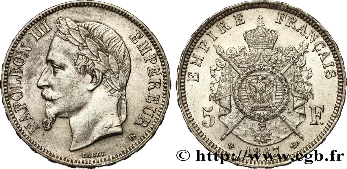 5 francs Napoléon III, tête laurée 1867 Strasbourg F.331/11 TTB52 