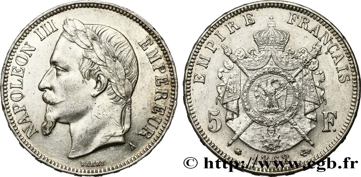 5 francs Napoléon III, tête laurée 1868 Paris F.331/12 SS52 