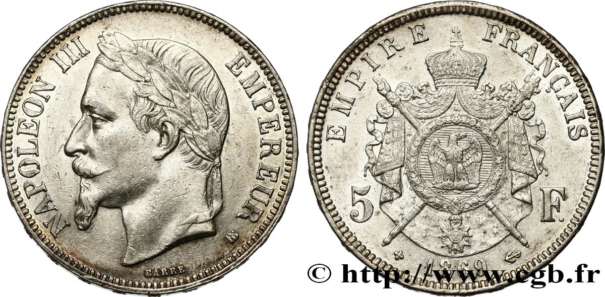 5 francs Napoléon III, tête laurée 1869 Strasbourg F.331/15 MBC50 