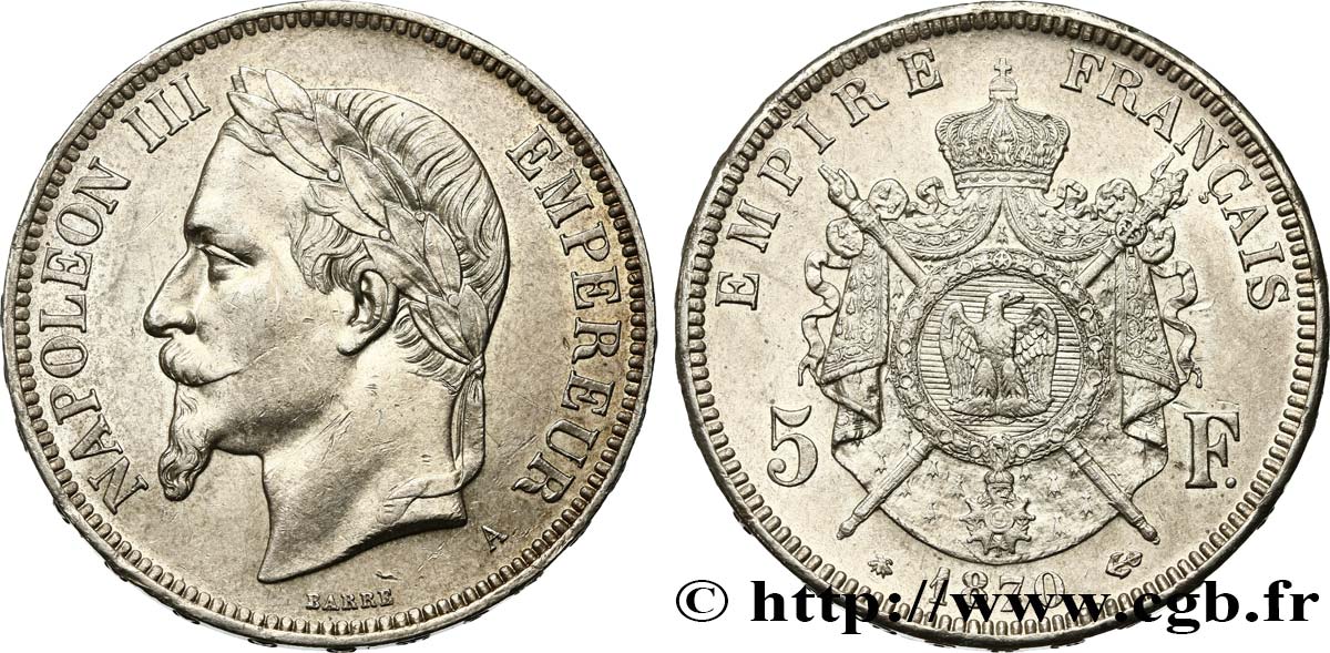 5 francs Napoléon III, tête laurée 1870 Paris F.331/16 TTB52 