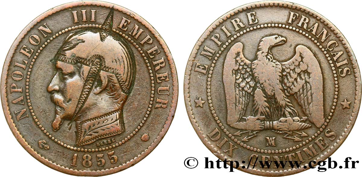 Dix centimes Napoléon III, tête nue, satirique 1855 Marseille F.133/31 var. BC35 