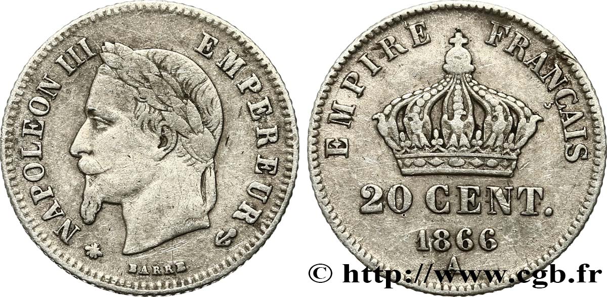 20 centimes Napoléon III, tête laurée, petit module 1866 Paris F.149/4 VF 