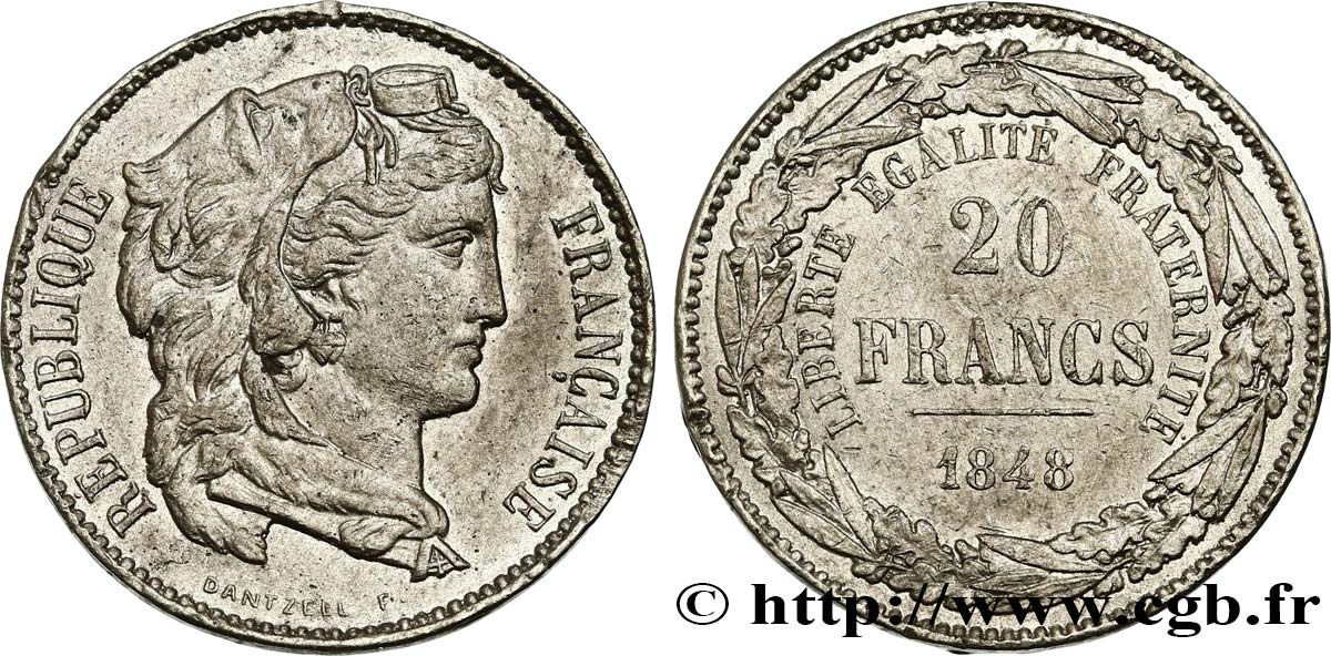 Concours de 20 francs, essai de Dantzell 1848 Paris VG.3021 var. AU 